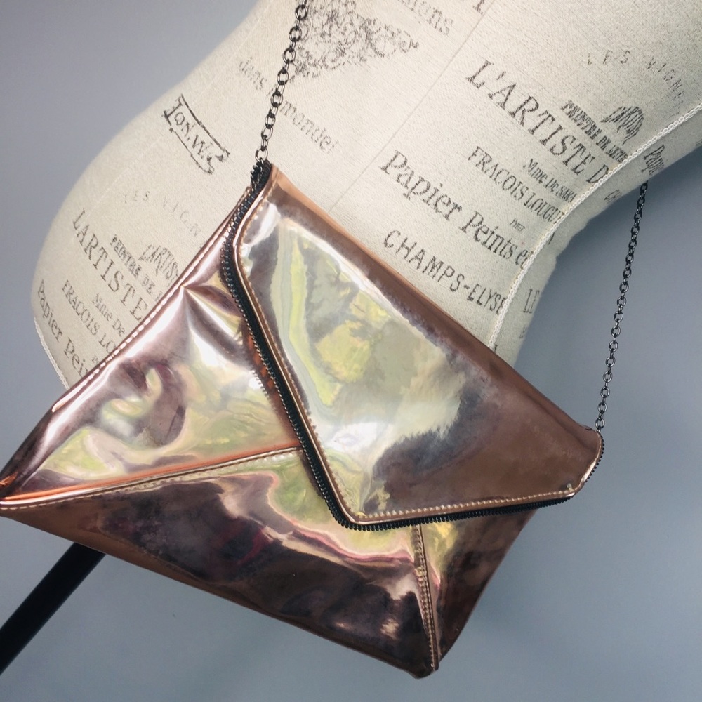 Metallic Rose Gold Envelope Clutch Crossbody Purse Exposed Zipper Edging
